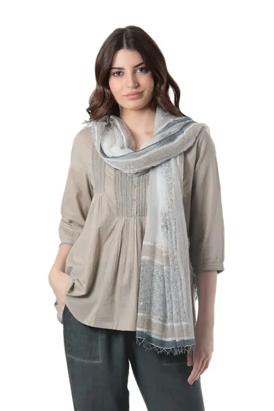 Alternate image for Block-Printed Paisley-Motif Viscose Shawl Grey Paisley