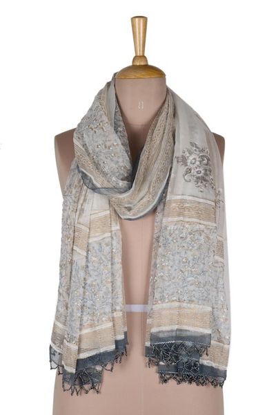 Alternate image for Block-Printed Paisley-Motif Viscose Shawl Grey Paisley