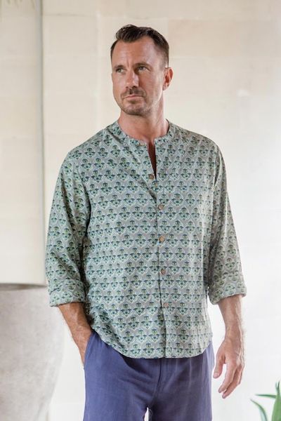 Alternate image for Mens Mandarin-Style Collar Cotton Shirt Floral Festivities