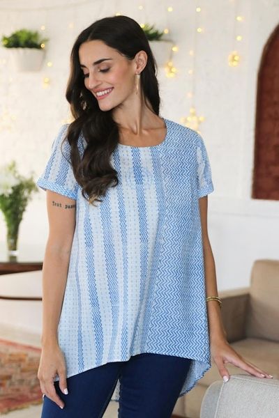 Alternate image for Block Printed White Cotton Top with Light Blue Stripe Detail Waves of Blue