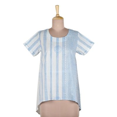 Alternate image for Block Printed White Cotton Top with Light Blue Stripe Detail Waves of Blue