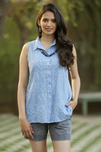 Alternate image for Sleeveless Blue Cotton Button Front Embroidered Blouse Spring Festivity in Blue