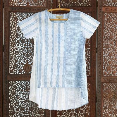 Alternate image for Block Printed White Cotton Top with Light Blue Stripe Detail Waves of Blue