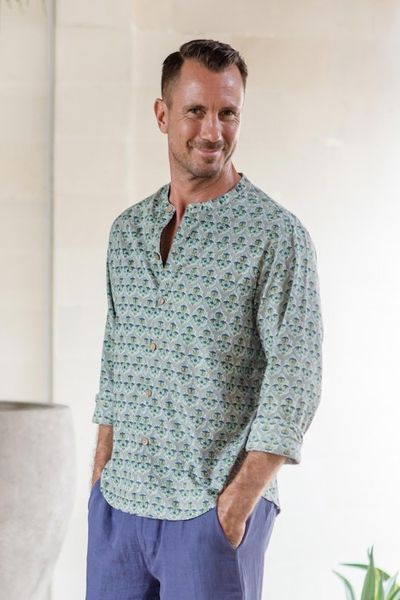 Alternate image for Mens Mandarin-Style Collar Cotton Shirt Floral Festivities