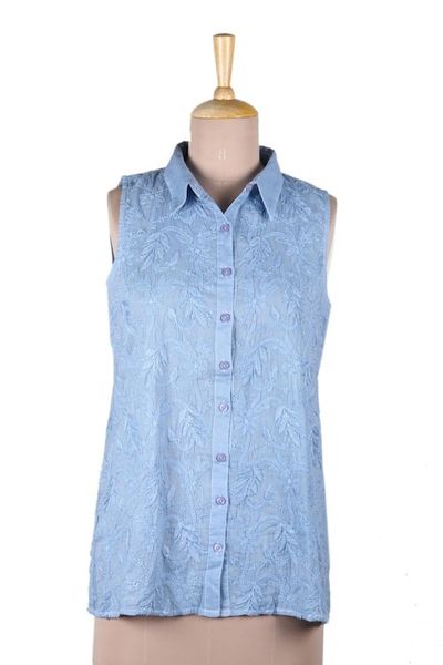 Alternate image for Sleeveless Blue Cotton Button Front Embroidered Blouse Spring Festivity in Blue
