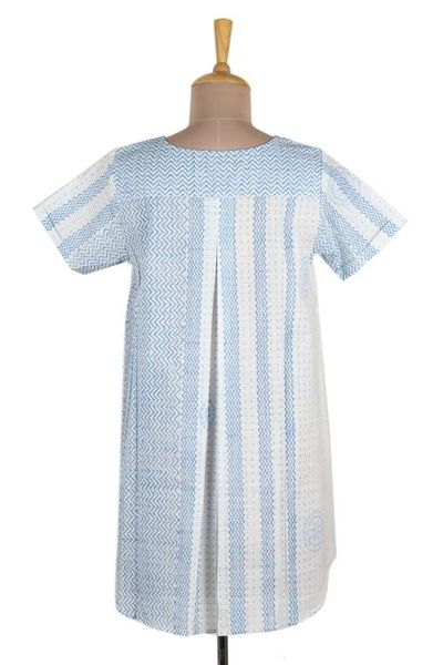 Alternate image for Block Printed White Cotton Top with Light Blue Stripe Detail Waves of Blue