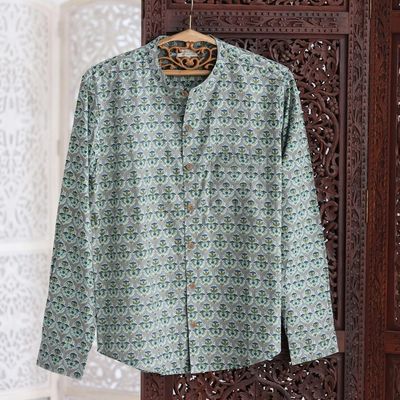 Alternate image for Mens Mandarin-Style Collar Cotton Shirt Floral Festivities