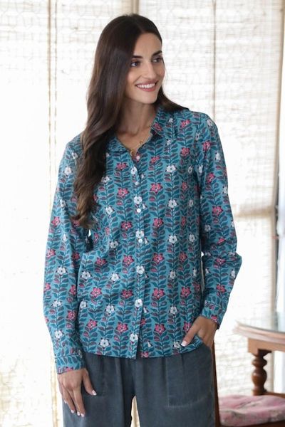 Alternate image for Printed Long Sleeve Cotton Shirt Floral Saga