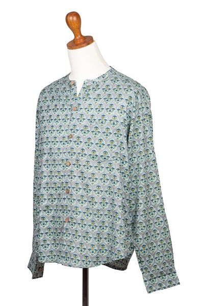 Alternate image for Mens Mandarin-Style Collar Cotton Shirt Floral Festivities