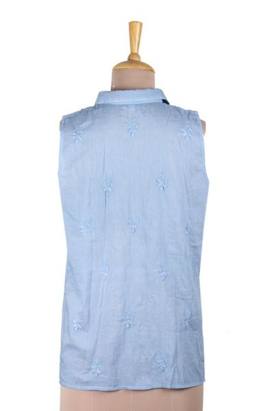 Alternate image for Sleeveless Blue Cotton Button Front Embroidered Blouse Spring Festivity in Blue