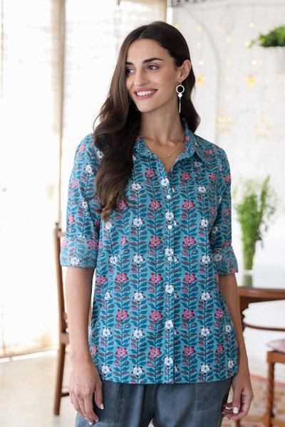 Alternate image for Printed Long Sleeve Cotton Shirt Floral Saga