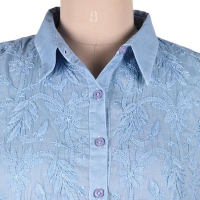 Alternate image for Sleeveless Blue Cotton Button Front Embroidered Blouse Spring Festivity in Blue