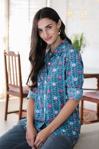 Alternate image for Printed Long Sleeve Cotton Shirt Floral Saga