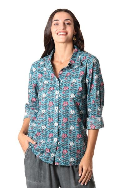 Alternate image for Printed Long Sleeve Cotton Shirt Floral Saga