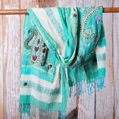 Alternate image for Hand-Embroidered Wool and Cotton Blend Shawl in Turquoise Paisley Whispers
