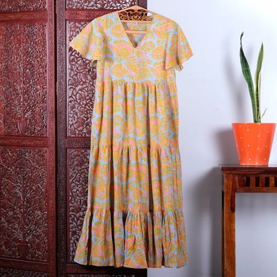 Alternate image for Flutter Sleeve Chartreuse and Cerulean Cotton Maxi Dress Spring Symphony