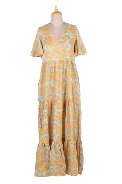 Alternate image for Flutter Sleeve Chartreuse and Cerulean Cotton Maxi Dress Spring Symphony