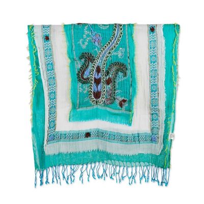 Alternate image for Hand-Embroidered Wool and Cotton Blend Shawl in Turquoise Paisley Whispers