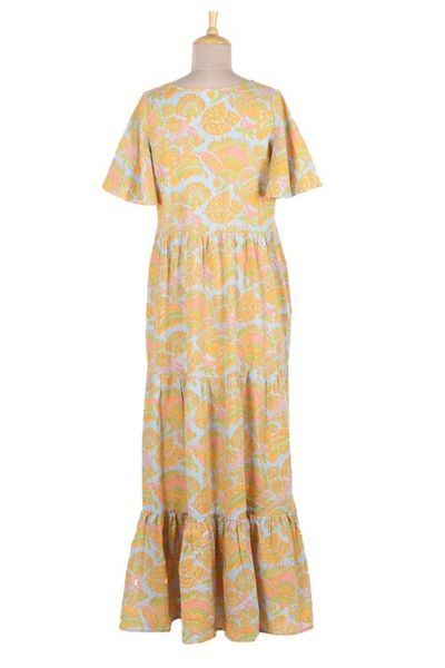 Alternate image for Flutter Sleeve Chartreuse and Cerulean Cotton Maxi Dress Spring Symphony