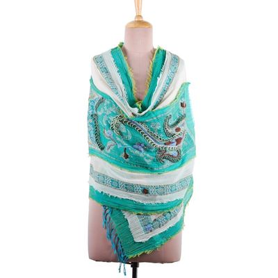 Alternate image for Hand-Embroidered Wool and Cotton Blend Shawl in Turquoise Paisley Whispers
