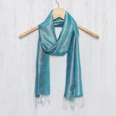 Alternate image for Artisan Crafted 100 Silk Teal Wrap Scarf from Thailand Peacock Blue