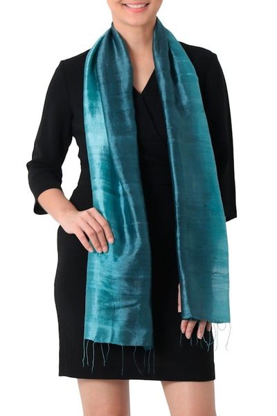 Alternate image for Artisan Crafted 100 Silk Teal Wrap Scarf from Thailand Peacock Blue