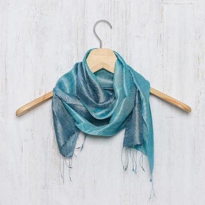 Alternate image for Artisan Crafted 100 Silk Teal Wrap Scarf from Thailand Peacock Blue