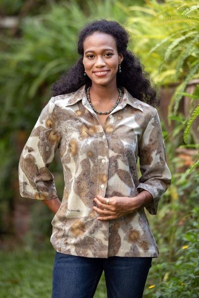 Alternate image for Eco-Friendly Cotton Leaf-Motif Collared Shirt Ivory Botanicals