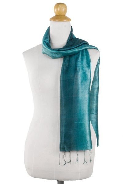Alternate image for Artisan Crafted 100 Silk Teal Wrap Scarf from Thailand Peacock Blue
