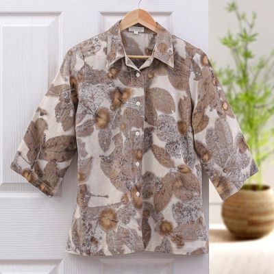 Alternate image for Eco-Friendly Cotton Leaf-Motif Collared Shirt Ivory Botanicals