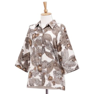 Alternate image for Eco-Friendly Cotton Leaf-Motif Collared Shirt Ivory Botanicals