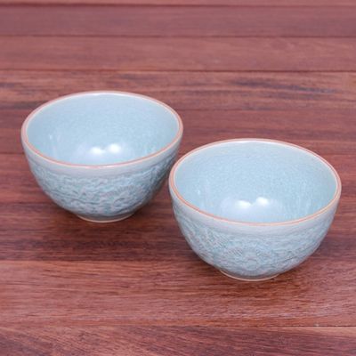 Alternate image for Hand Made Celadon Ceramic Floral Bowls Pair Antique Flora
