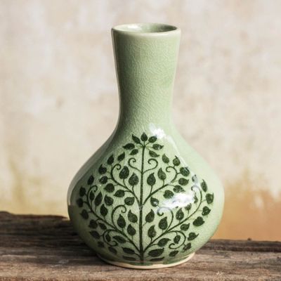 Alternate image for Fair Trade Thai Celadon Vase with Bodhi Tree Motif Thai Bodhi