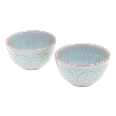 Alternate image for Hand Made Celadon Ceramic Floral Bowls Pair Antique Flora