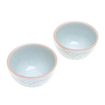 Alternate image for Hand Made Celadon Ceramic Floral Bowls Pair Antique Flora
