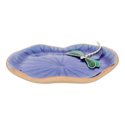 Alternate image for Handcrafted Blue Dragonfly-Themed Celadon Ceramic Catchall Dreamy Dragonfly