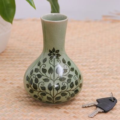 Alternate image for Fair Trade Thai Celadon Vase with Bodhi Tree Motif Thai Bodhi