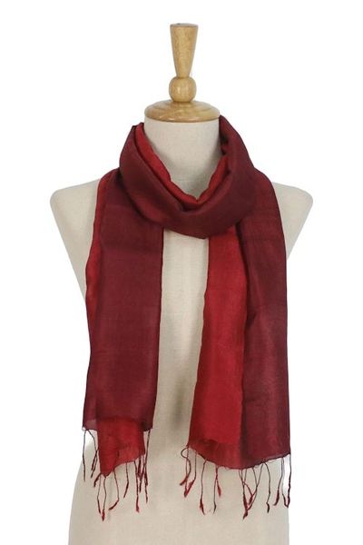 Alternate image for Ruby Red Tie-Dyed Handwoven Silk Scarf with Fringe Ruby Love