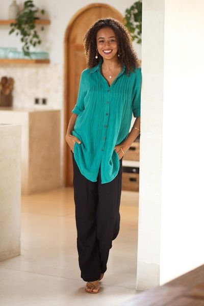 Alternate image for Button-Up Cotton Gauze Shirt from Thailand Sea Green Pintucks