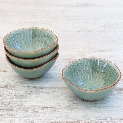 Alternate image for Celadon Ceramic Appetizer Bowls from Thailand Set of 4 Sunflower Dream