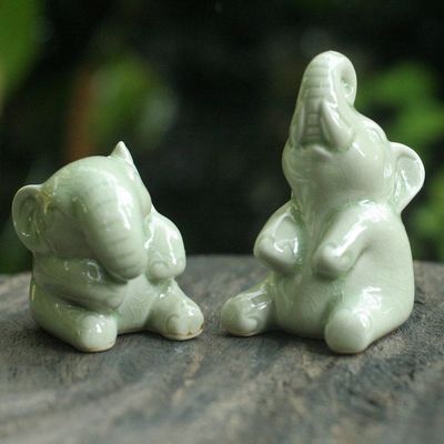 Alternate image for Hand Made Celadon Ceramic Sculptures Pair Happy Green Elephants