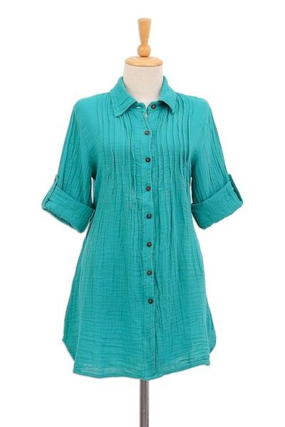 Alternate image for Button-Up Cotton Gauze Shirt from Thailand Sea Green Pintucks