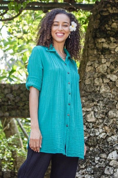 Alternate image for Button-Up Cotton Gauze Shirt from Thailand Sea Green Pintucks