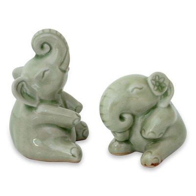 Alternate image for Hand Made Celadon Ceramic Sculptures Pair Happy Green Elephants
