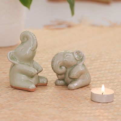 Alternate image for Hand Made Celadon Ceramic Sculptures Pair Happy Green Elephants