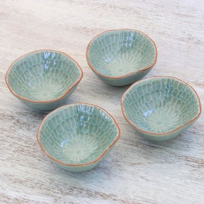 Alternate image for Celadon Ceramic Appetizer Bowls from Thailand Set of 4 Sunflower Dream