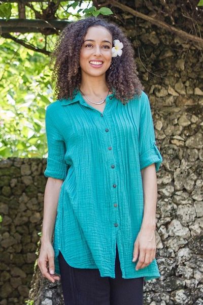 Alternate image for Button-Up Cotton Gauze Shirt from Thailand Sea Green Pintucks