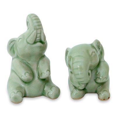 Alternate image for Hand Made Celadon Ceramic Sculptures Pair Happy Green Elephants