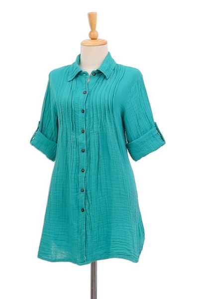 Alternate image for Button-Up Cotton Gauze Shirt from Thailand Sea Green Pintucks