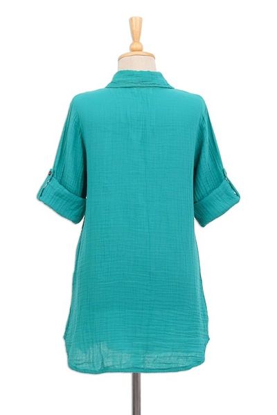 Alternate image for Button-Up Cotton Gauze Shirt from Thailand Sea Green Pintucks